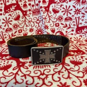 Black Leather Belt with Cross Buckle,